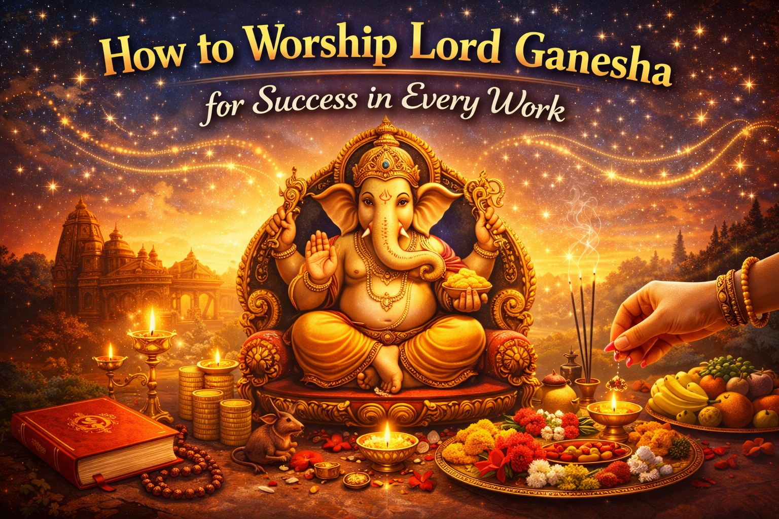 Lord Ganesha idol decorated with flowers for daily puja