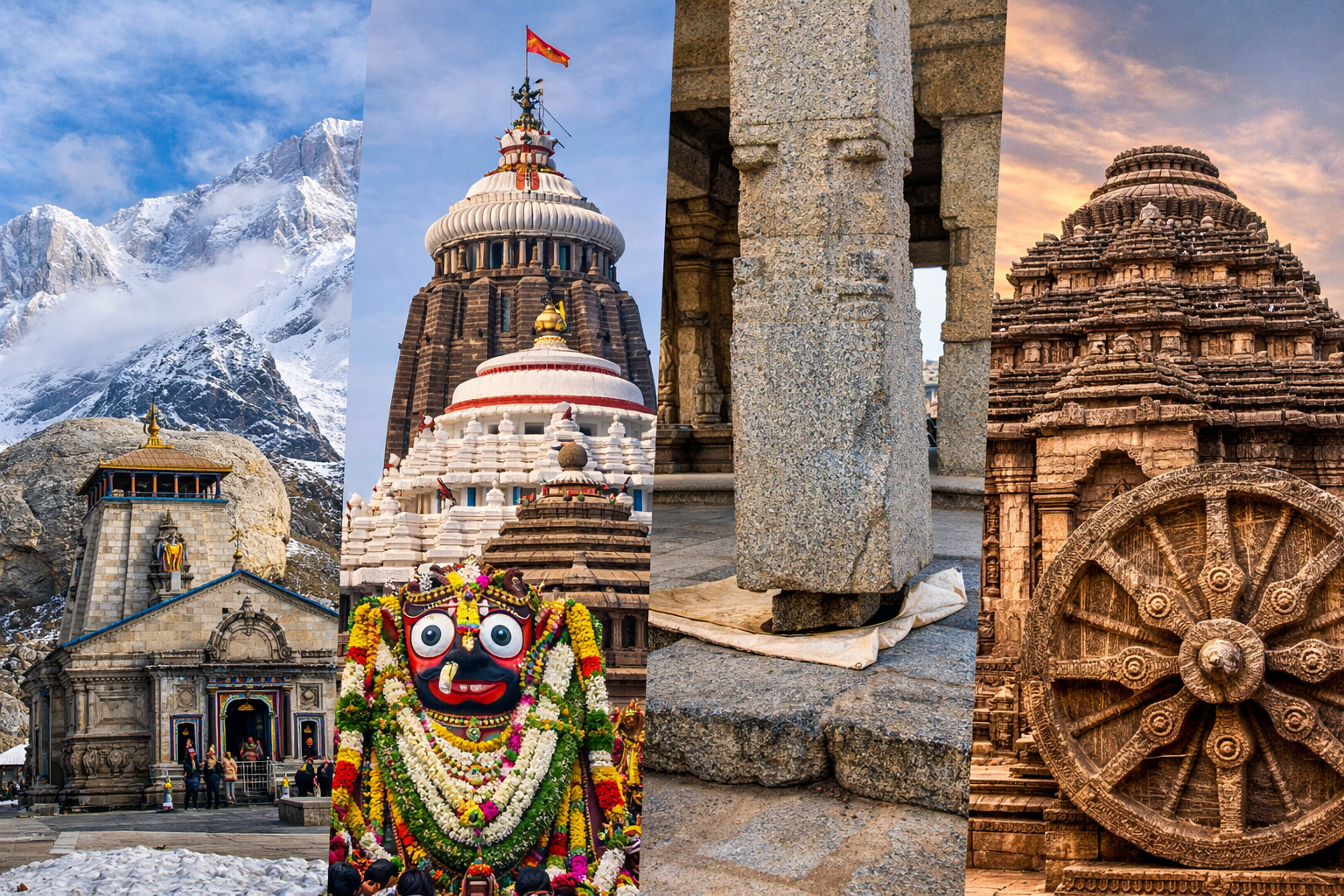 Top mysterious temples in India including Kedarnath, Jagannath, and Konark Sun Temple with spiritual and ancient architecture