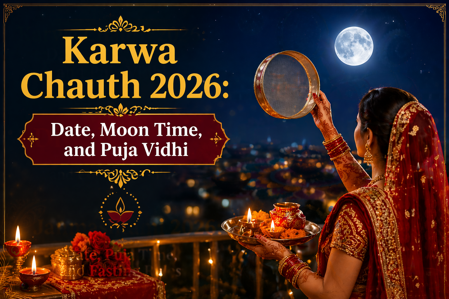 Married woman observing Karwa Chauth fast and looking at the moon through a sieve before breaking her fast for husband’s long life and well-being