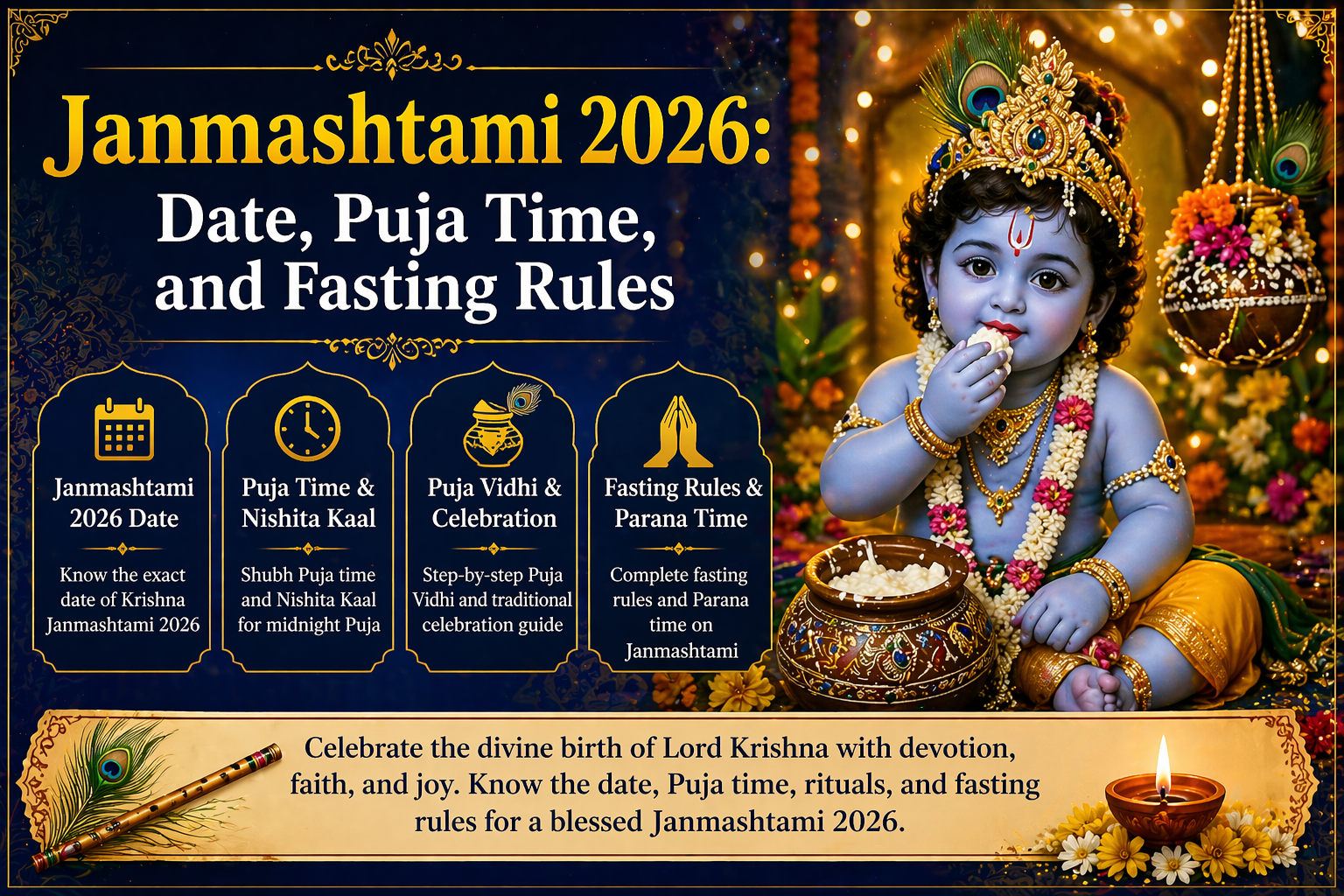 Devotees celebrating Janmashtami by performing Krishna Janmotsav puja at midnight with decorated idol, bhajans, and devotional rituals