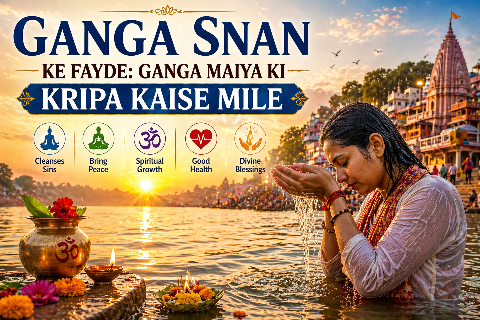 Devotees taking holy dip in Ganga River during sunrise to cleanse sins and receive blessings of Ganga Maiya