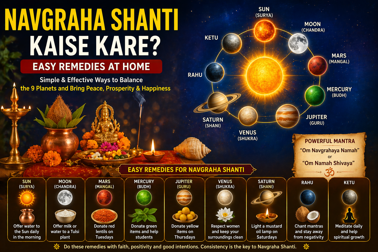 Person performing Navgraha Shanti rituals at home with diya and prayer for nine planets