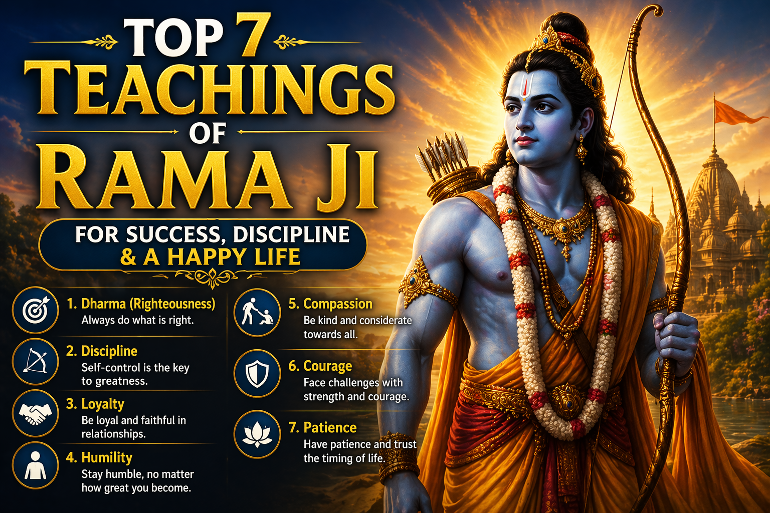 Lord Rama standing in a peaceful forest representing discipline, truth, and life lessons for success and happiness.