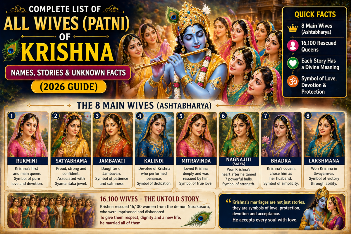 Illustration of Lord Krishna with his 8 main wives and 16100 rescued queens in Hindu mythology