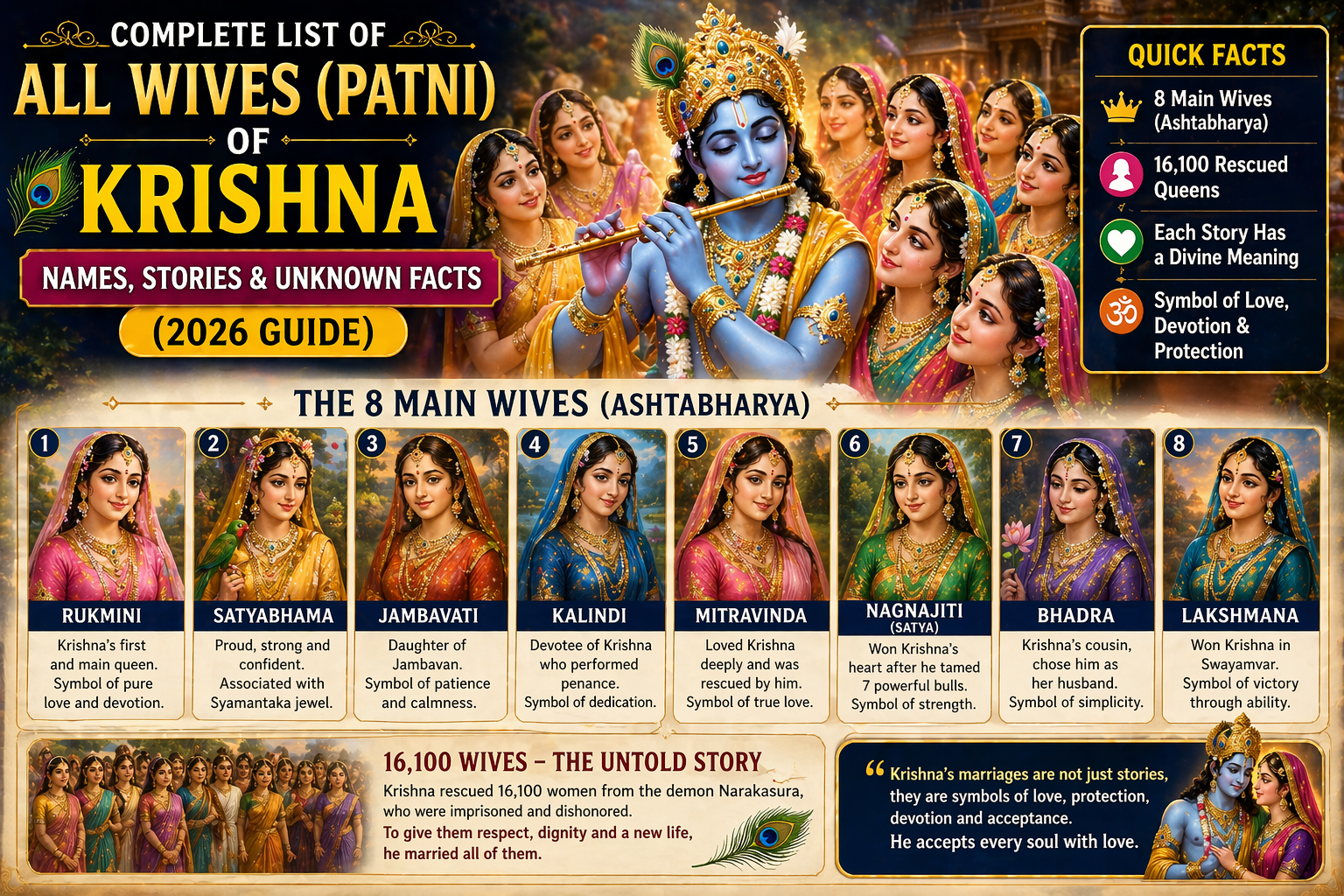 Illustration of Lord Krishna with his 8 main wives and 16100 rescued queens in Hindu mythology