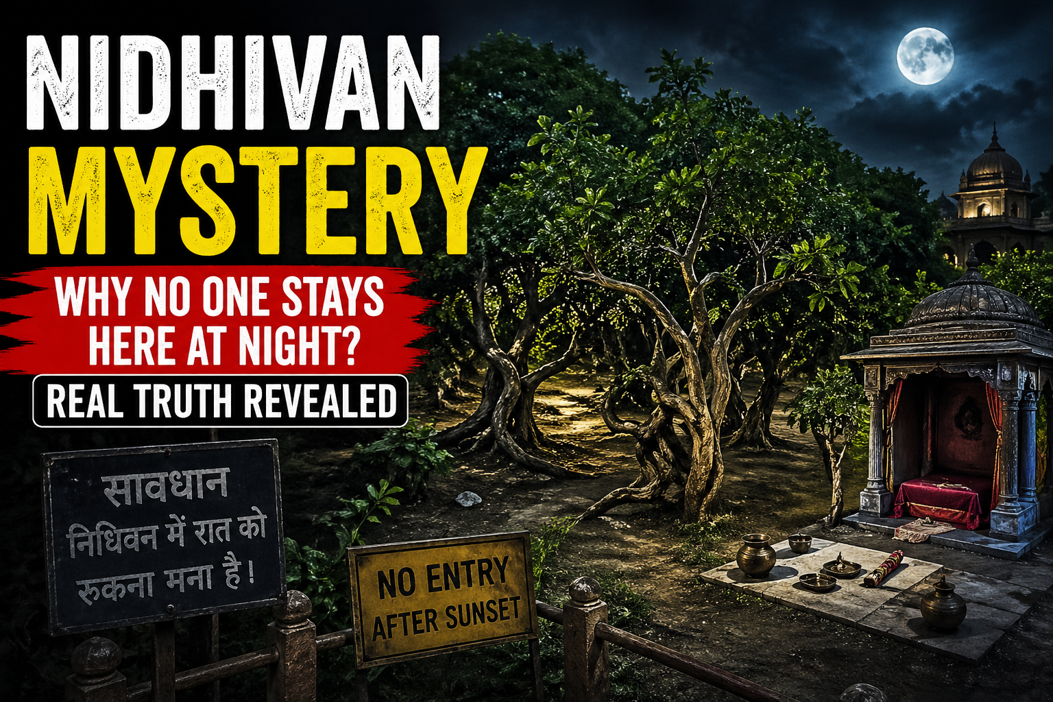 Nidhivan forest in Vrindavan at night with twisted trees, temple, and warning sign showing no entry after sunset mystery