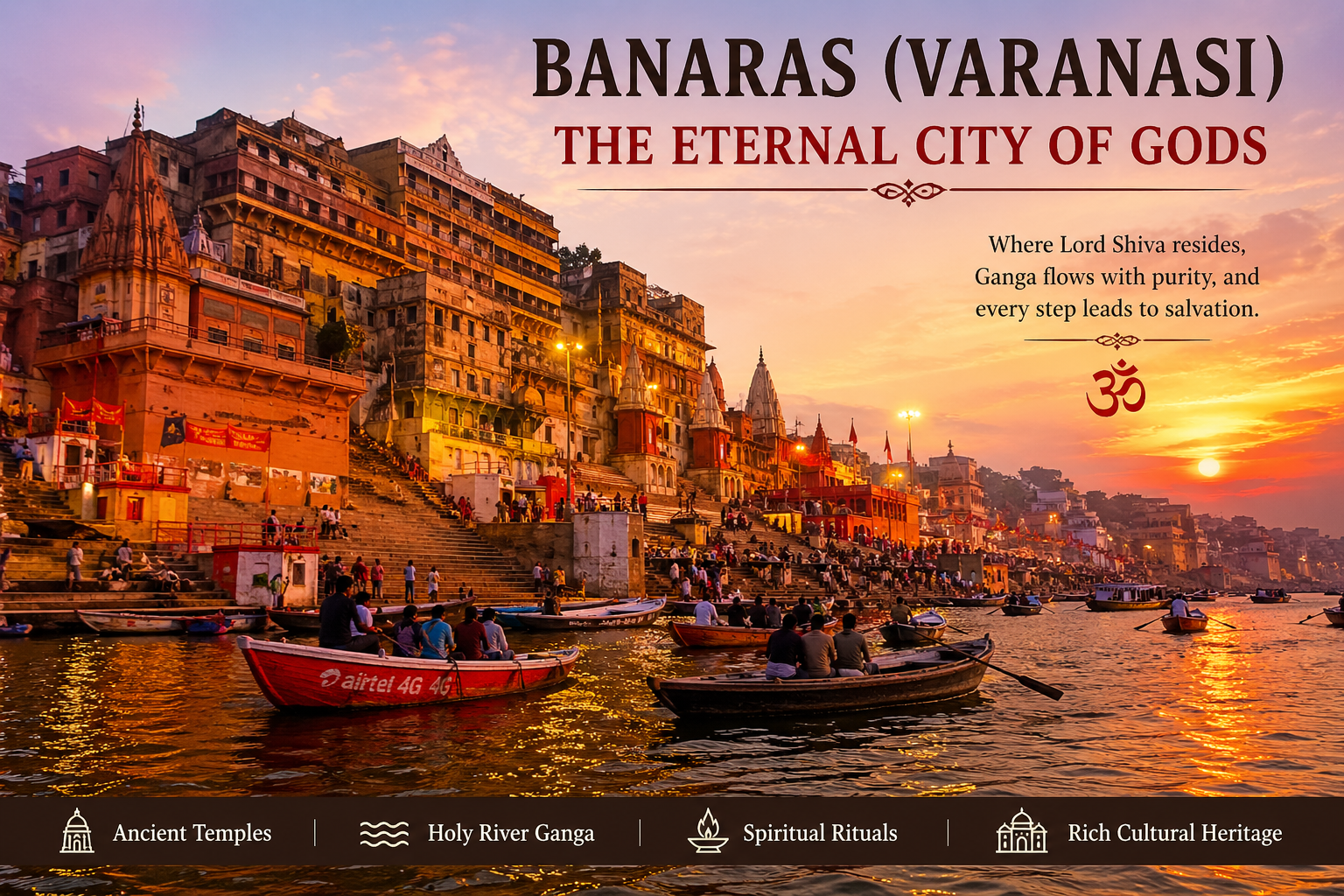 Beautiful view of Varanasi ghats on the Ganga river showing temples, boats, and evening Aarti