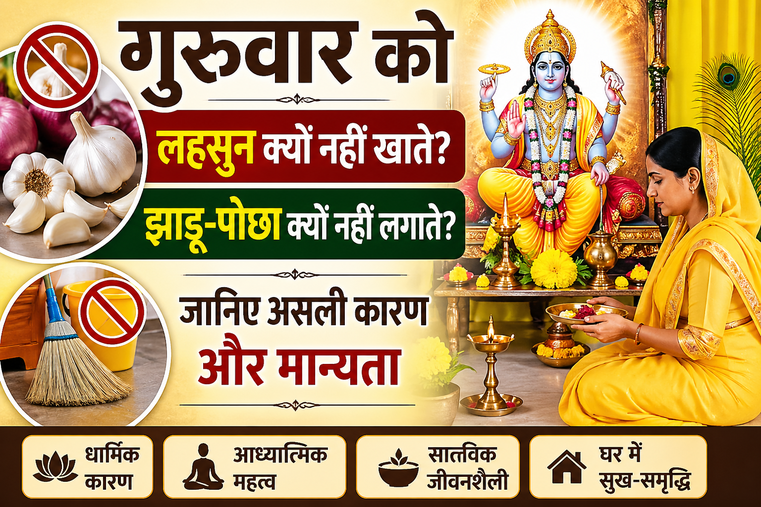 Guruvar ke din lahsun aur pyaz na khane aur jhadu-pocha na lagane ki dharmik parampara aur manyata ko dikhata hua chitra