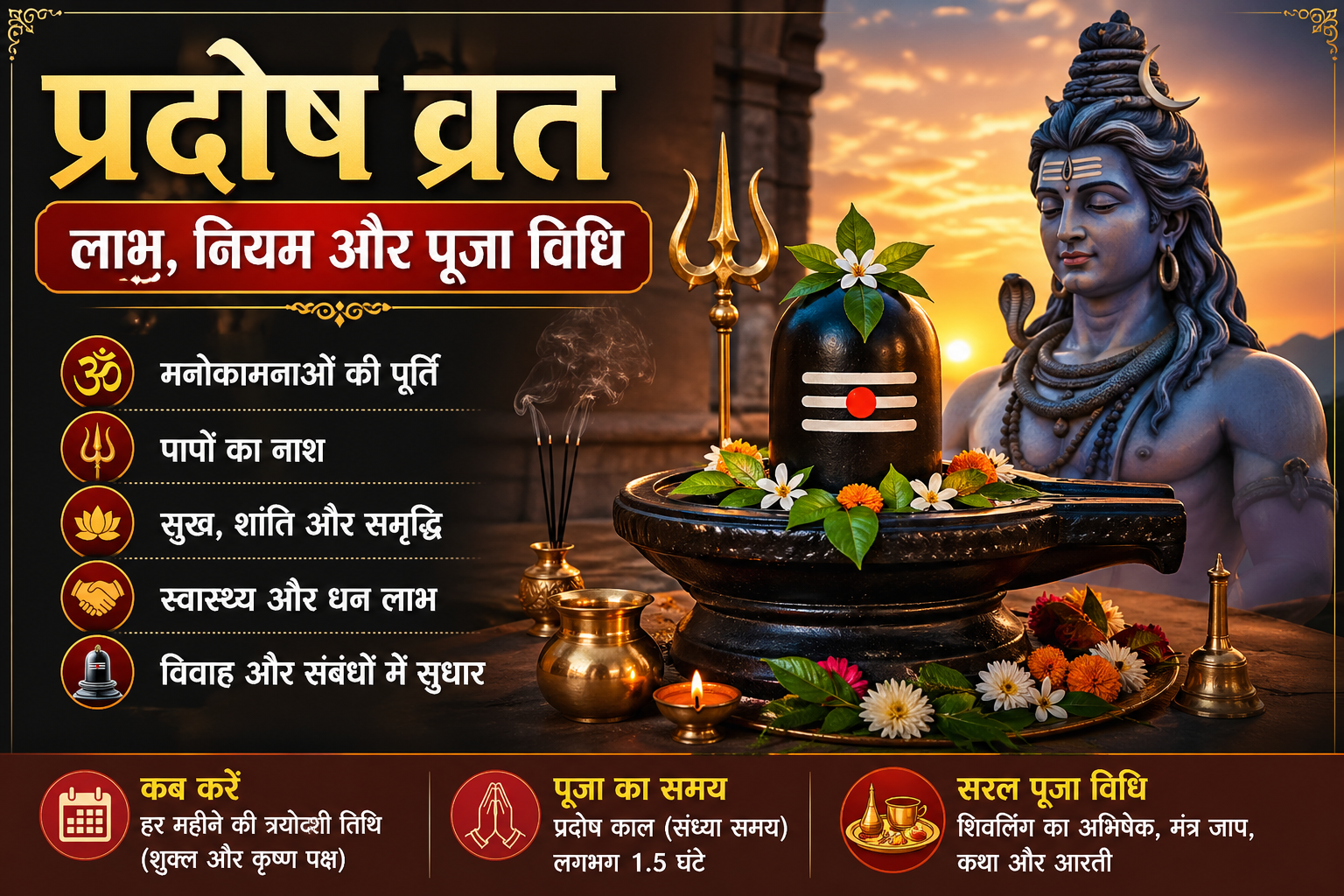 प्रदोष व्रत में शिवलिंग पूजा, भगवान शिव की मूर्ति, दीपक और पूजा सामग्री का दृश्य