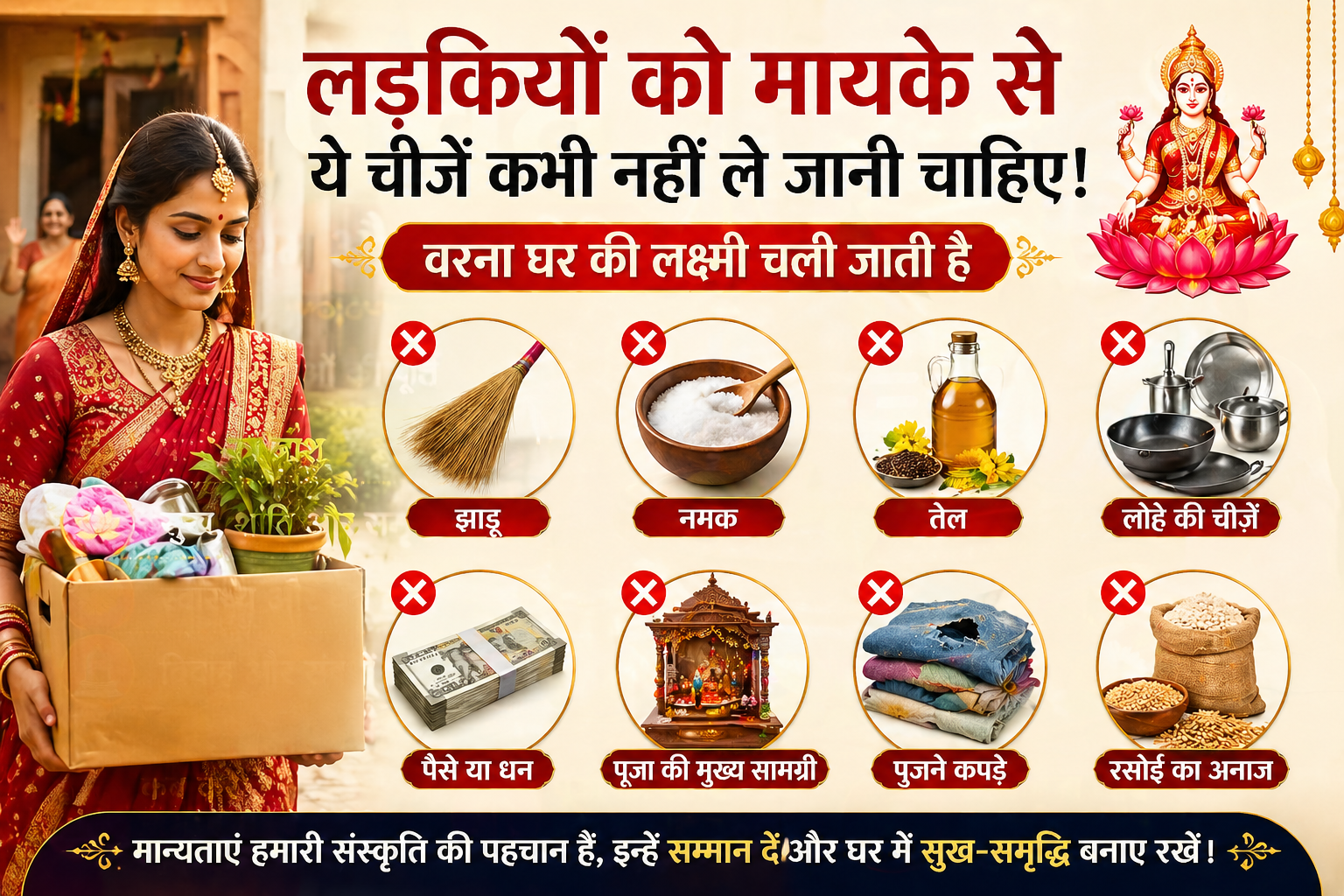 लड़की मायके से सामान ले जाते हुए और किन चीजों को नहीं ले जाना चाहिए दिखाता धार्मिक इन्फोग्राफिक