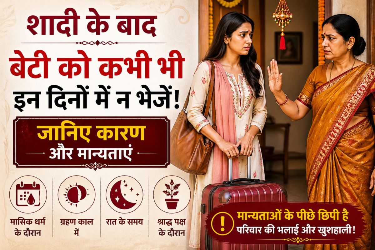 An image showing traditions of not sending a married daughter to her parental home on certain days, featuring a bride, family, and religious symbols