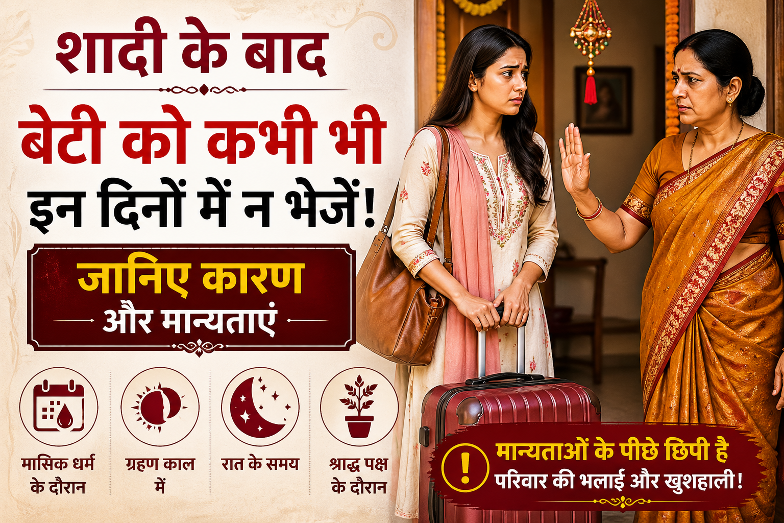 An image showing traditions of not sending a married daughter to her parental home on certain days, featuring a bride, family, and religious symbols