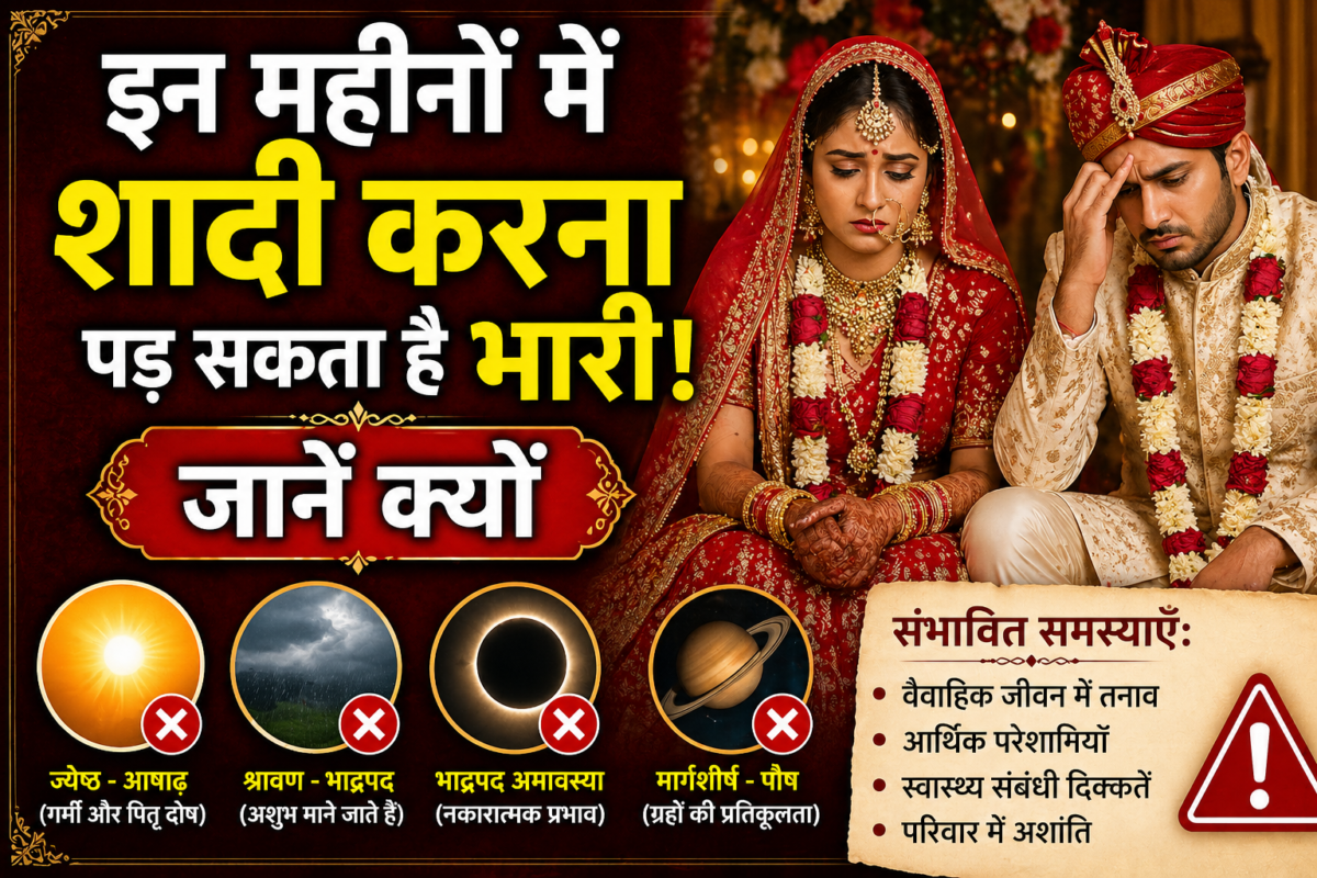 An image showing inauspicious months for marriage with a bride and groom, seasonal changes, and religious warning symbols