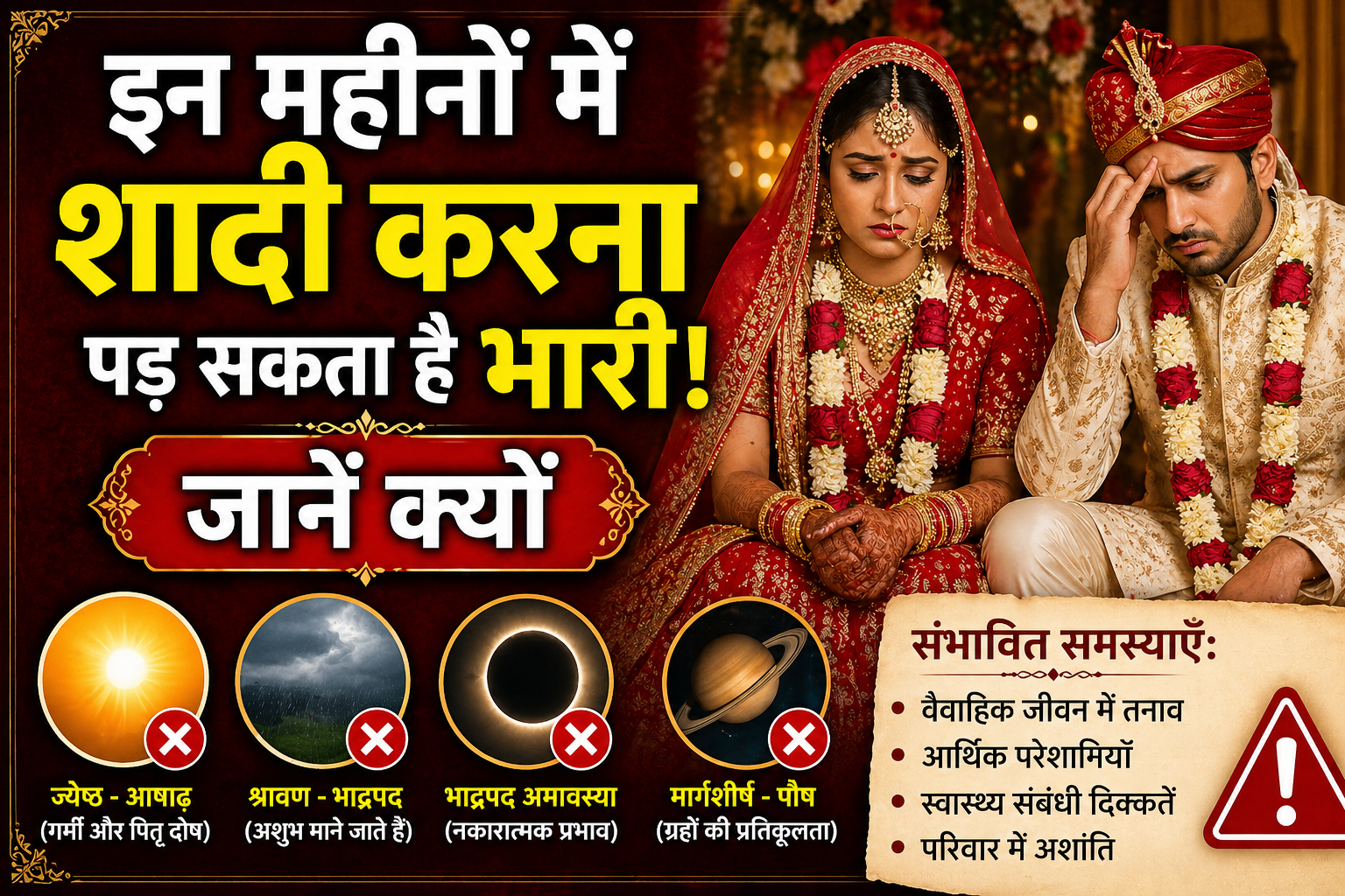 An image showing inauspicious months for marriage with a bride and groom, seasonal changes, and religious warning symbols
