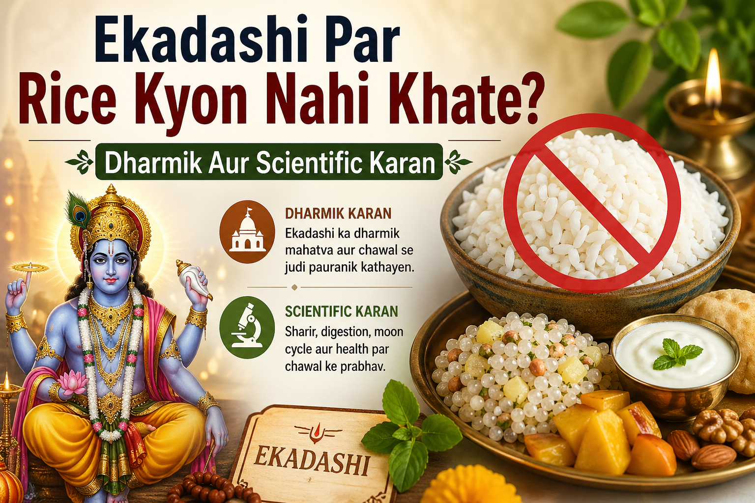 Ekadashi vrat ke din chawal par rok dikhata hua chitra jisme Bhagwan Vishnu, vrat ka bhojan aur dharmik aur scientific karan darshaye gaye hain