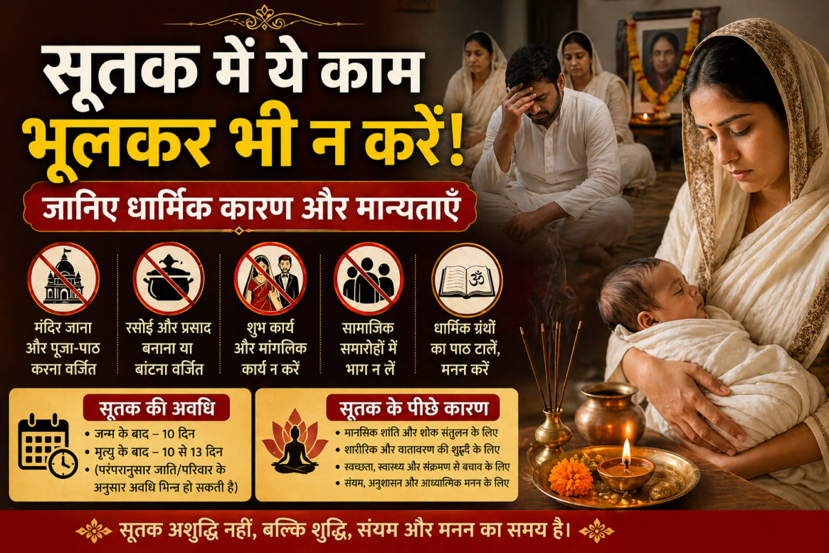 सूतक अवधि दर्शाता हिंदी इन्फोग्राफिक पोस्टर जिसमें शोकग्रस्त परिवार, नवजात शिशु को गोद में लिए माँ, दीपक और अगरबत्ती के साथ पूजा स्थान, तथा मंदिर जाना, शुभ कार्य, प्रसाद बनाना और सामाजिक समारोहों से परहेज़ जैसे निषेध चिह्न दिखाए गए हैं।
