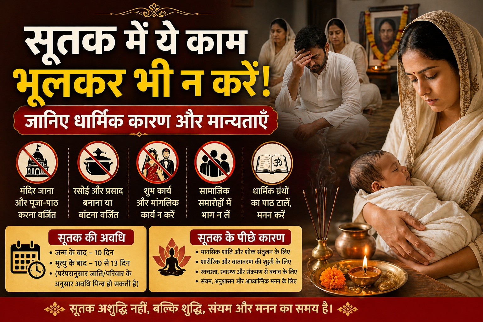 सूतक अवधि दर्शाता हिंदी इन्फोग्राफिक पोस्टर जिसमें शोकग्रस्त परिवार, नवजात शिशु को गोद में लिए माँ, दीपक और अगरबत्ती के साथ पूजा स्थान, तथा मंदिर जाना, शुभ कार्य, प्रसाद बनाना और सामाजिक समारोहों से परहेज़ जैसे निषेध चिह्न दिखाए गए हैं।