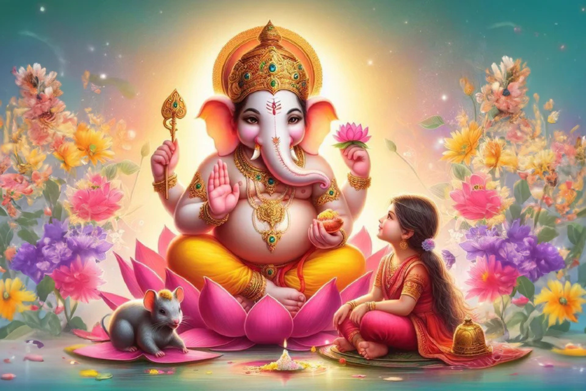 Lord Ganesha idol decorated with flowers for daily puja
