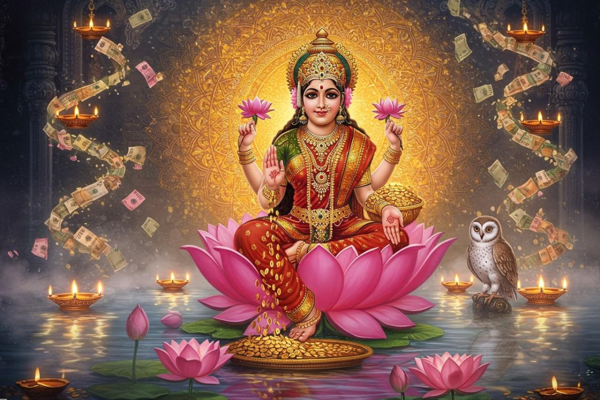 Maa Lakshmi idol with diya and lotus in Indian home symbolizing wealth and prosperity