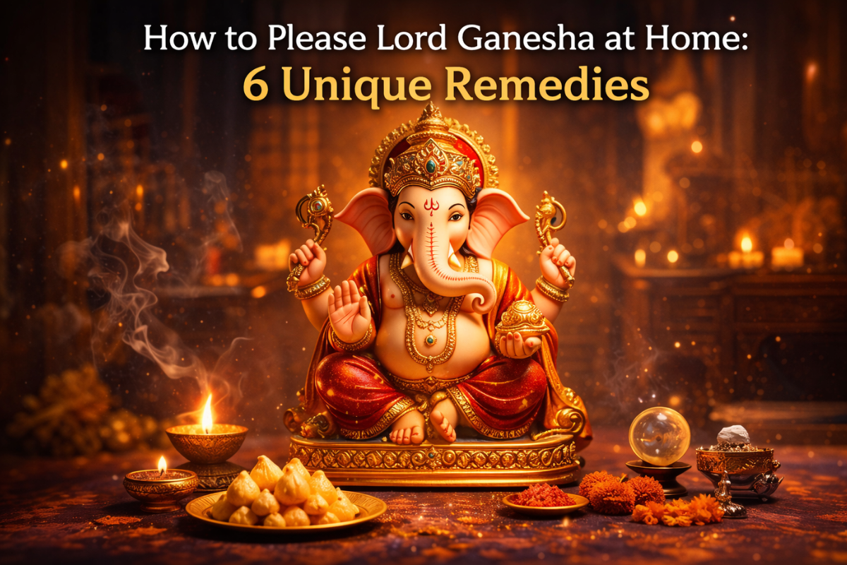 Lord Ganesha worship at home with diya, flowers, and modak for blessings and success