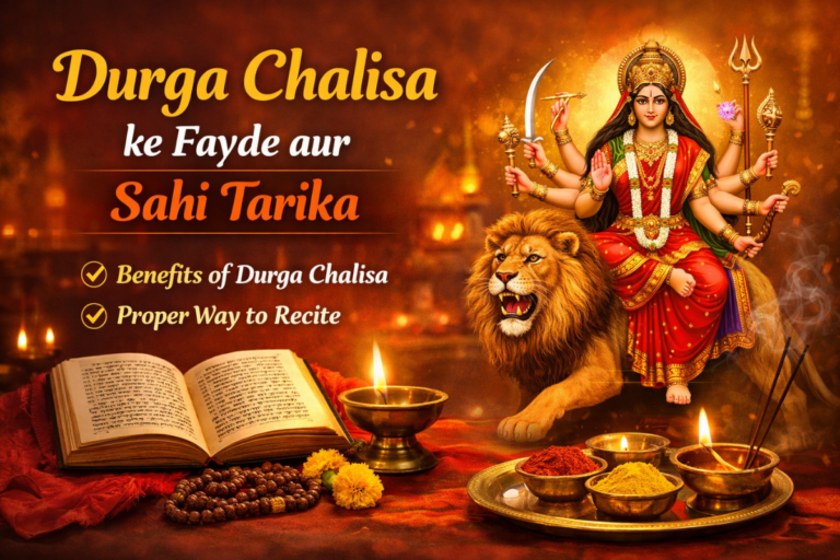 Goddess Durga idol with devotees chanting Durga Chalisa with diya and flowers in temple