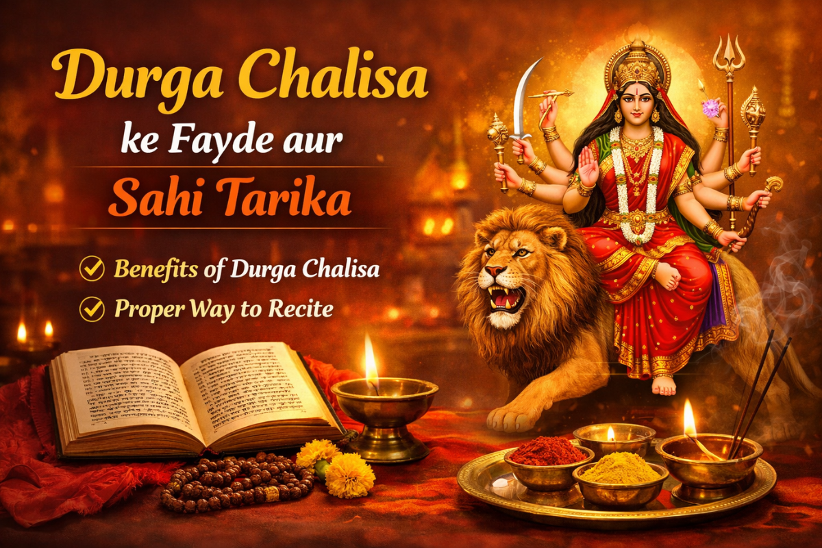 Goddess Durga idol with devotees chanting Durga Chalisa with diya and flowers in temple