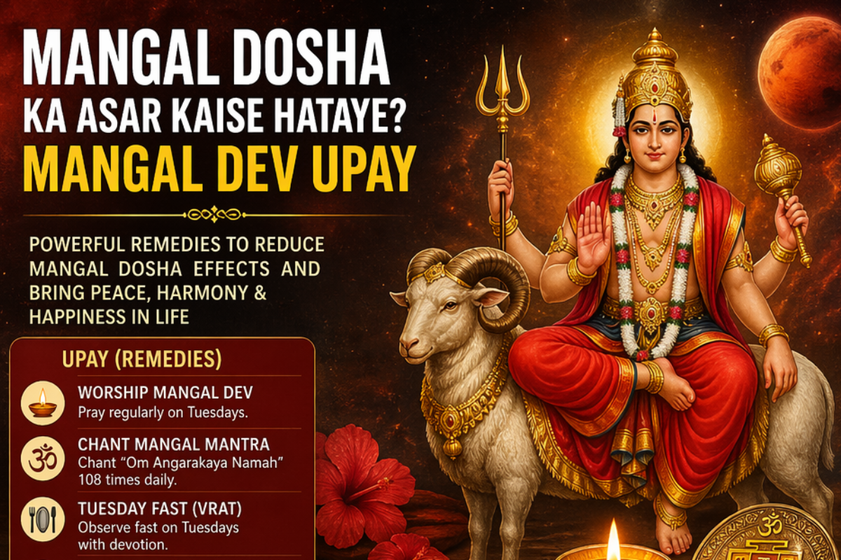 Devotee worshipping Mangal Dev with diya, red flowers, and mantra chanting to reduce Mangal Dosha effects and bring harmony in life