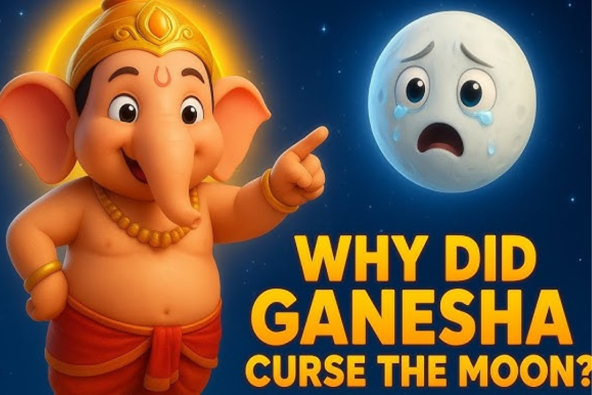 Lord Ganesha cursing the Moon (Chandra Dev) in Hindu mythology story explaining arrogance, humility, and spiritual significance