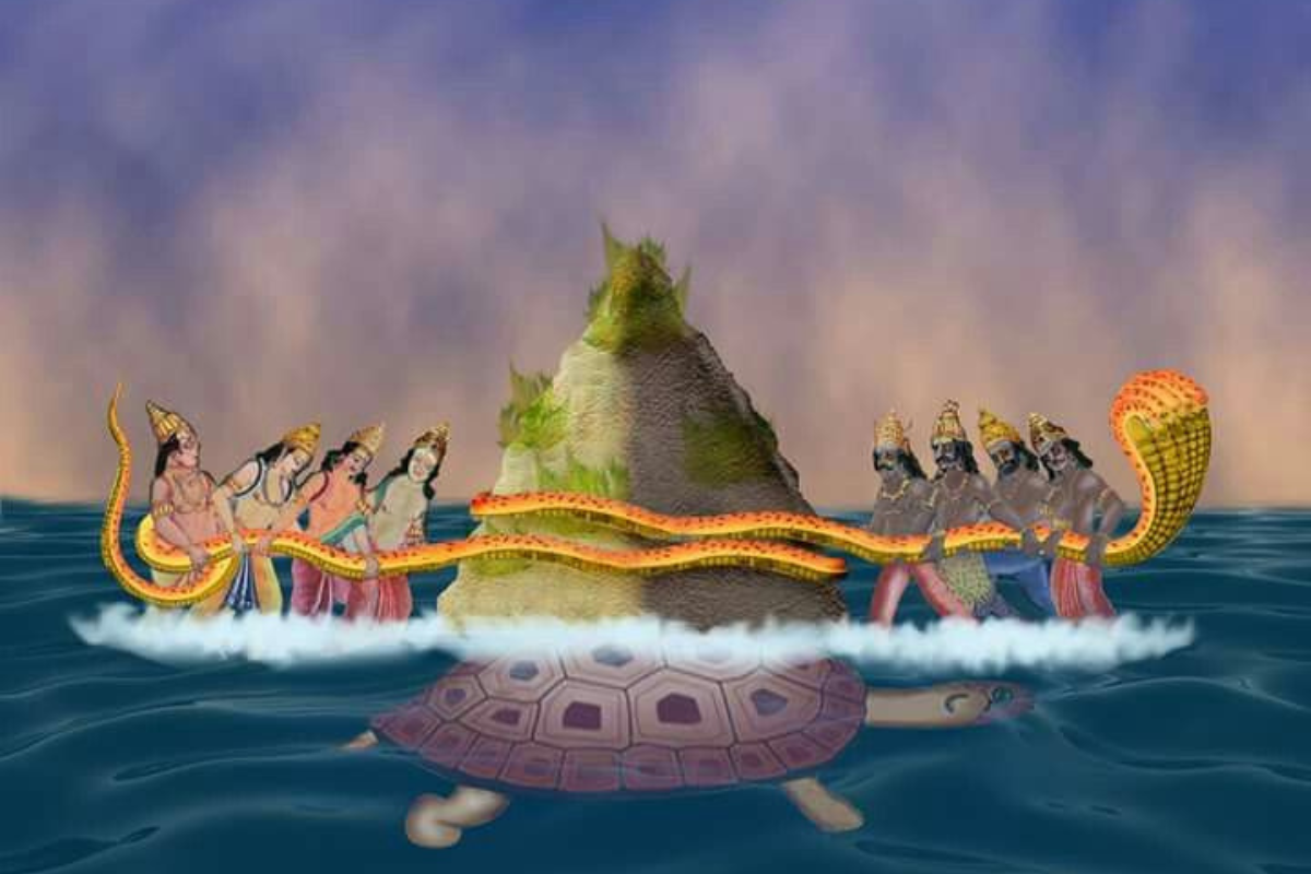Gods and demons performing Samudra Manthan using Mount Mandara and Vasuki snake to obtain Amrit