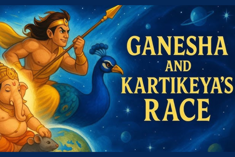 Illustration of Ganesha circling Shiva and Parvati while Kartikeya travels the world on his peacock