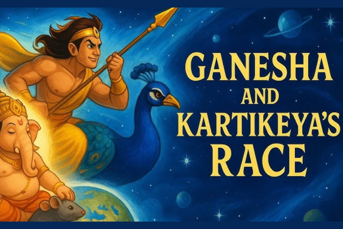 Illustration of Ganesha circling Shiva and Parvati while Kartikeya travels the world on his peacock