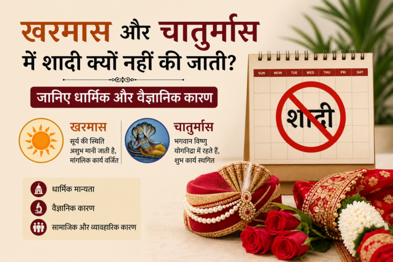 खरमास और चातुर्मास में शादी वर्जित दर्शाता हिंदी इन्फोग्राफिक, सूर्य देव, भगवान विष्णु, शादी पर रोक का चिन्ह और विवाह सामग्री के साथ