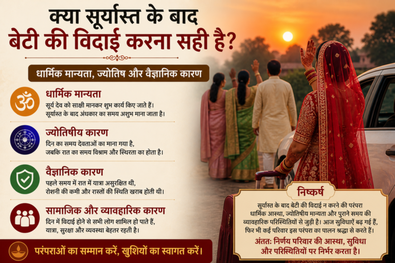 सूर्यास्त के समय दुल्हन की विदाई दर्शाता हिंदी इन्फोग्राफिक, धार्मिक मान्यताएँ, ज्योतिषीय और वैज्ञानिक कारणों के साथ