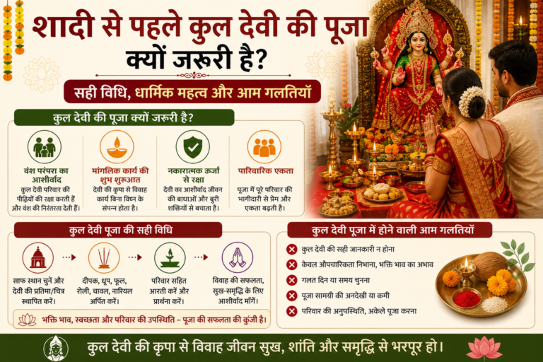 कुल देवी की पूजा करते दूल्हा-दुल्हन का हिंदी इन्फोग्राफिक, सही विधि, धार्मिक महत्व और आम गलतियों के बिंदुओं सहित