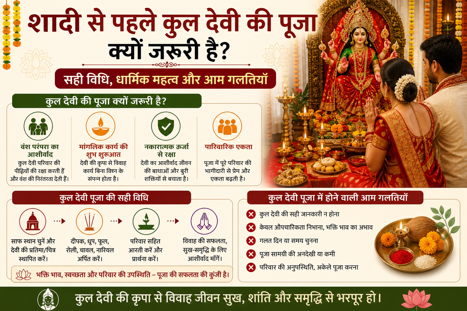 कुल देवी की पूजा करते दूल्हा-दुल्हन का हिंदी इन्फोग्राफिक, सही विधि, धार्मिक महत्व और आम गलतियों के बिंदुओं सहित
