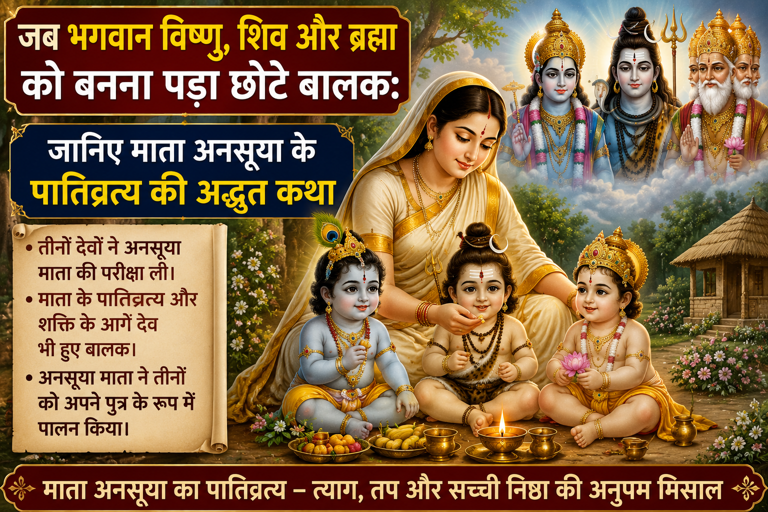 माता अनसूया तीन बाल रूप देवताओं को स्नेह से संभालते हुए, पूजा सामग्री और आश्रम पृष्ठभूमि के साथ दिव्य दृश्य
