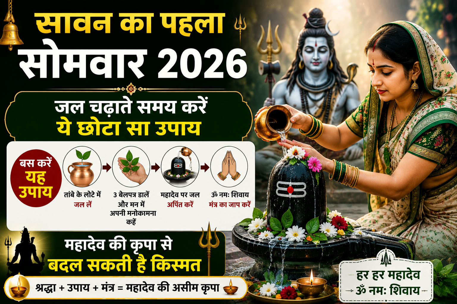 सावन के पहले सोमवार पर शिवलिंग पर जल अर्पित करते श्रद्धालु, बिल्वपत्र और दीपक के साथ पूजा दृश्य