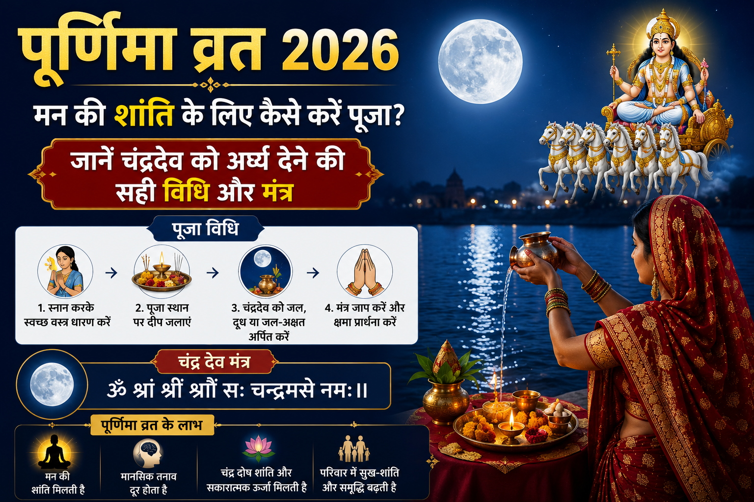 पूर्णिमा की रात चंद्रमा को जल अर्पित करती हुई महिला, पूजा की थाली, दीपक और शांत आध्यात्मिक वातावरण