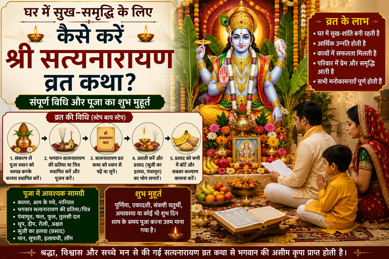 परिवार भगवान सत्यनारायण की मूर्ति के सामने पूजा करते हुए, फल-फूल, दीपक और कथा पुस्तक के साथ भक्ति दृश्य