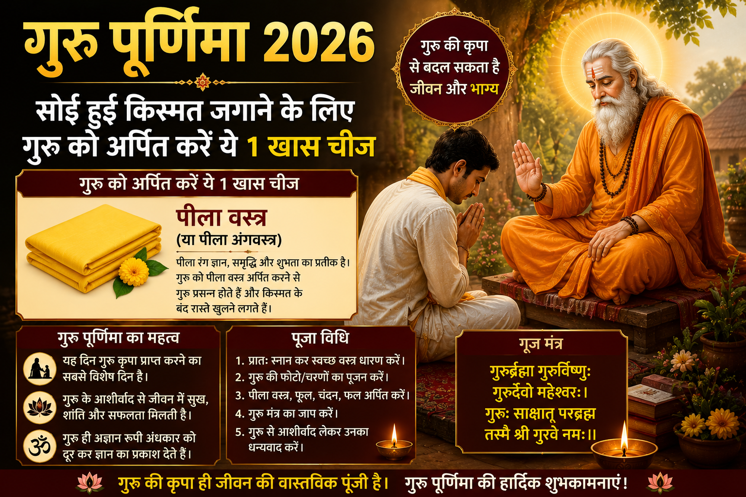 शिष्य श्रद्धा से गुरु के चरणों में बैठा, पीला वस्त्र अर्पित करते हुए, दीपक और आश्रम वातावरण के साथ गुरु पूर्णिमा दृश्य