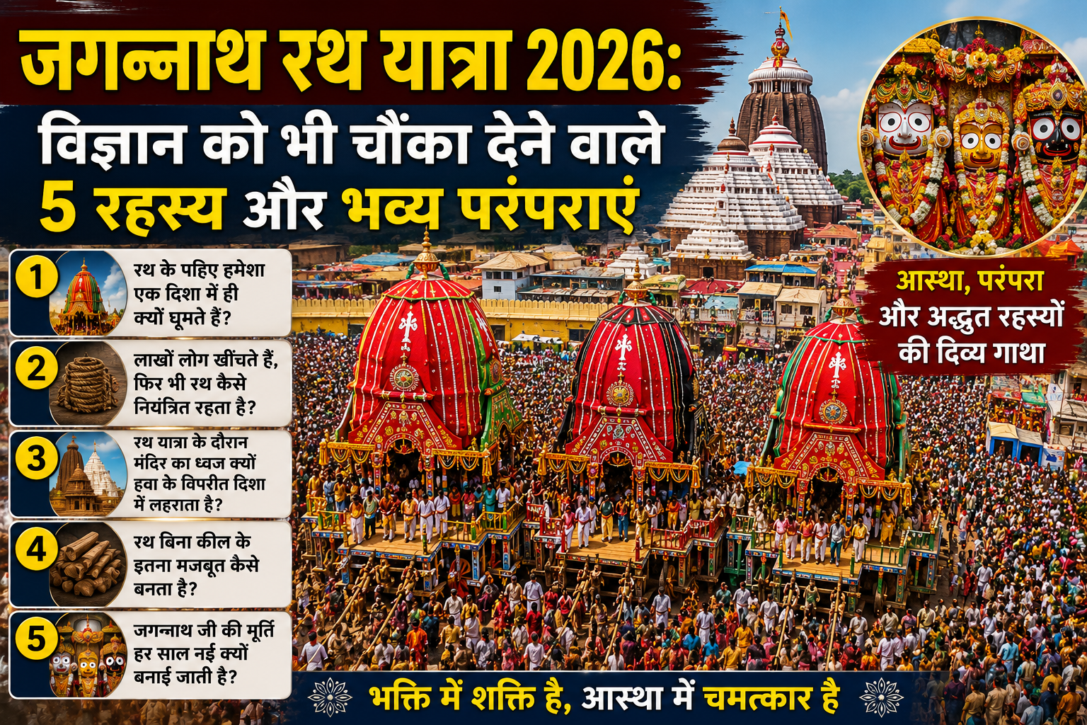 तीन विशाल सजे हुए रथों को हजारों भक्त रस्सियों से खींचते हुए, पीछे पुरी मंदिर और श्रद्धालुओं की भीड़