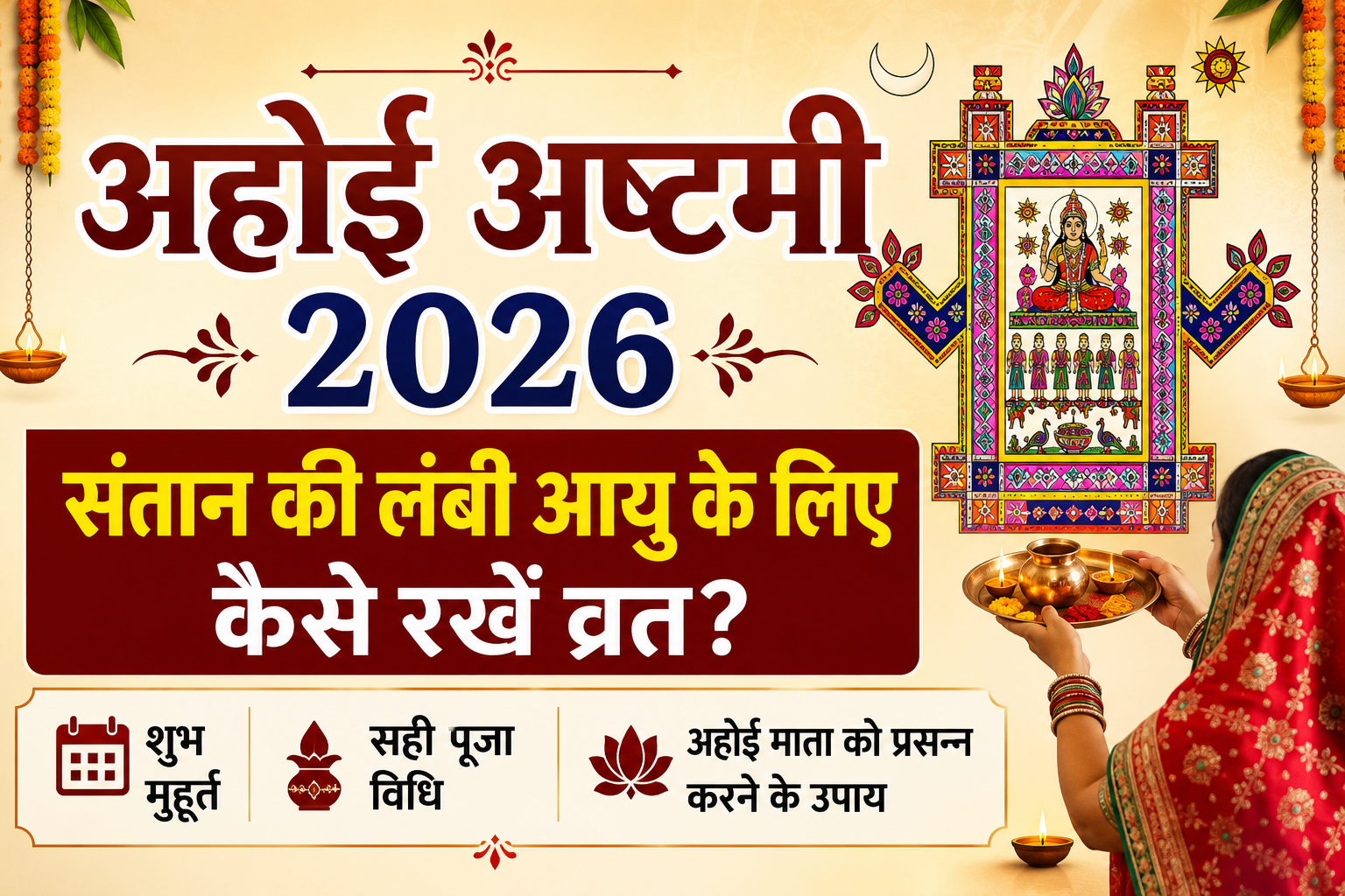 Ahoi Ashtami 2026 devotional poster showing Ahoi Mata wall art, a woman performing puja with thali and diya, and Hindi headline about vrat, puja vidhi, and shubh muhurat for children’s long life.