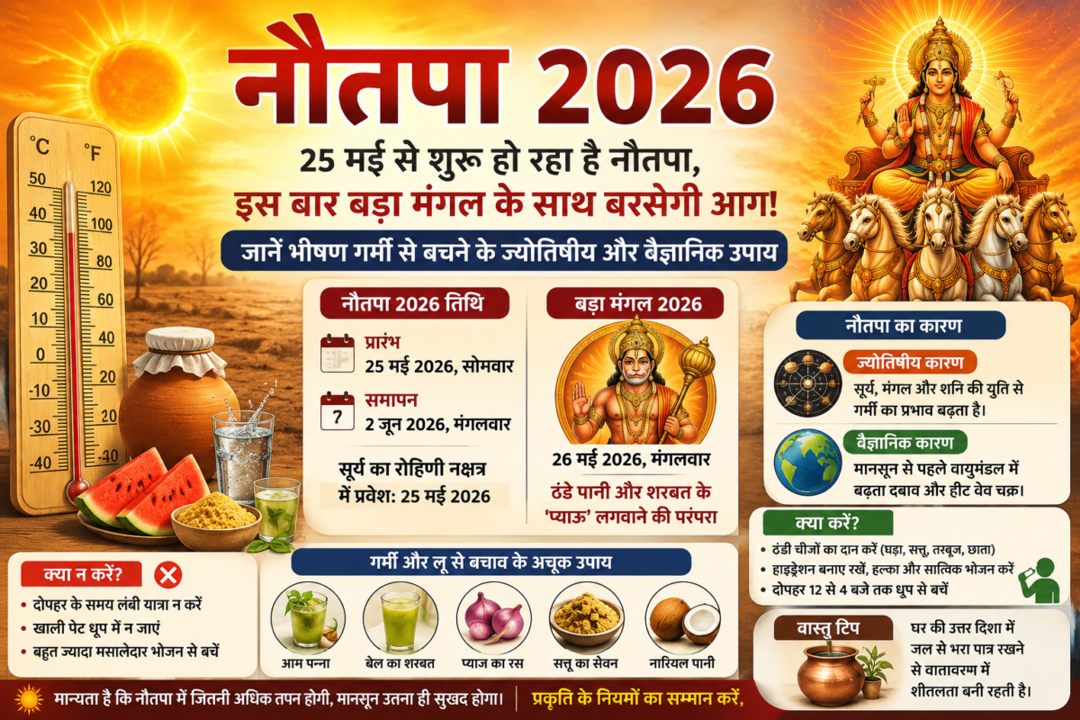 नौतपा 2026 से जुड़ी गर्मी, बड़ा मंगल और लू से बचने के उपाय दर्शाता इन्फोग्राफिक।