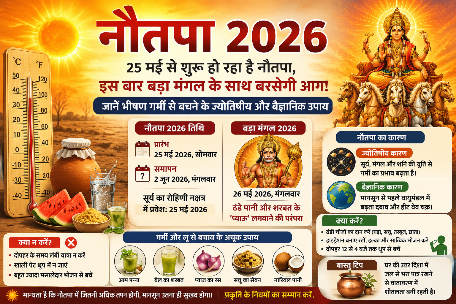 नौतपा 2026 से जुड़ी गर्मी, बड़ा मंगल और लू से बचने के उपाय दर्शाता इन्फोग्राफिक।