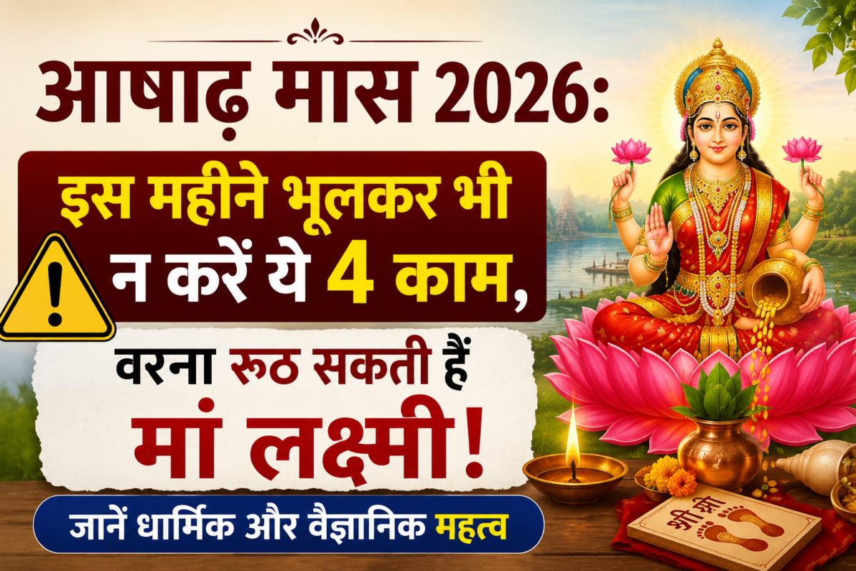 Poster of Ashadh Maas 2026 showing Maa Lakshmi seated on a lotus, diya, kalash, and bold Hindi headline warning about four mistakes to avoid for maintaining prosperity.