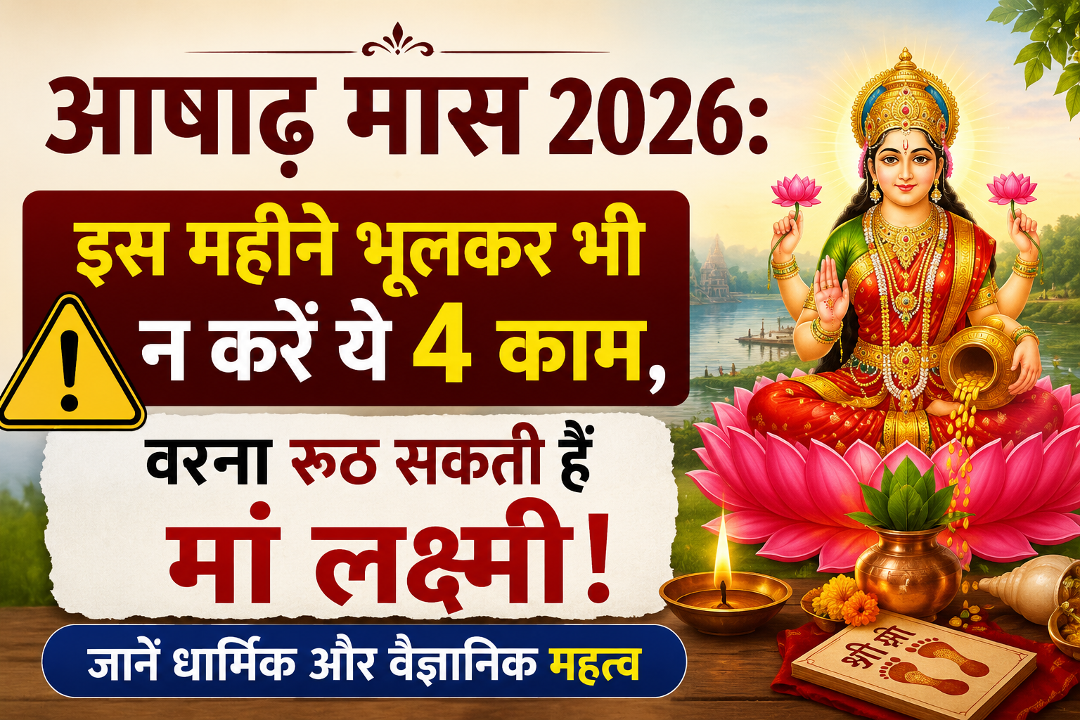Poster of Ashadh Maas 2026 showing Maa Lakshmi seated on a lotus, diya, kalash, and bold Hindi headline warning about four mistakes to avoid for maintaining prosperity.