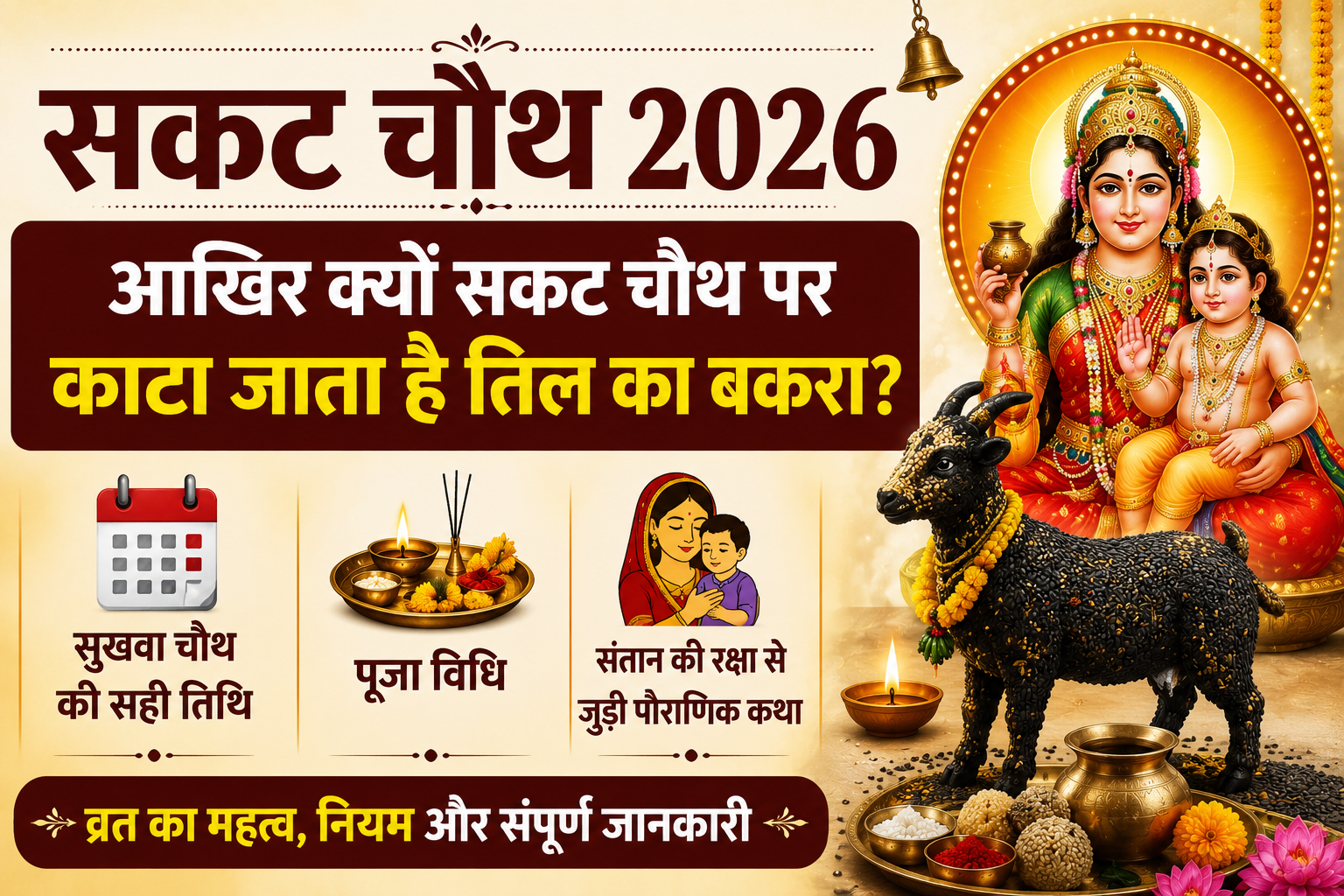 सकट चौथ 2026 पोस्टर जिसमें देवी का चित्र, तिल से बना बकरा, पूजा थाली, दीया और हिंदी हेडलाइन दिखाई दे रही है।