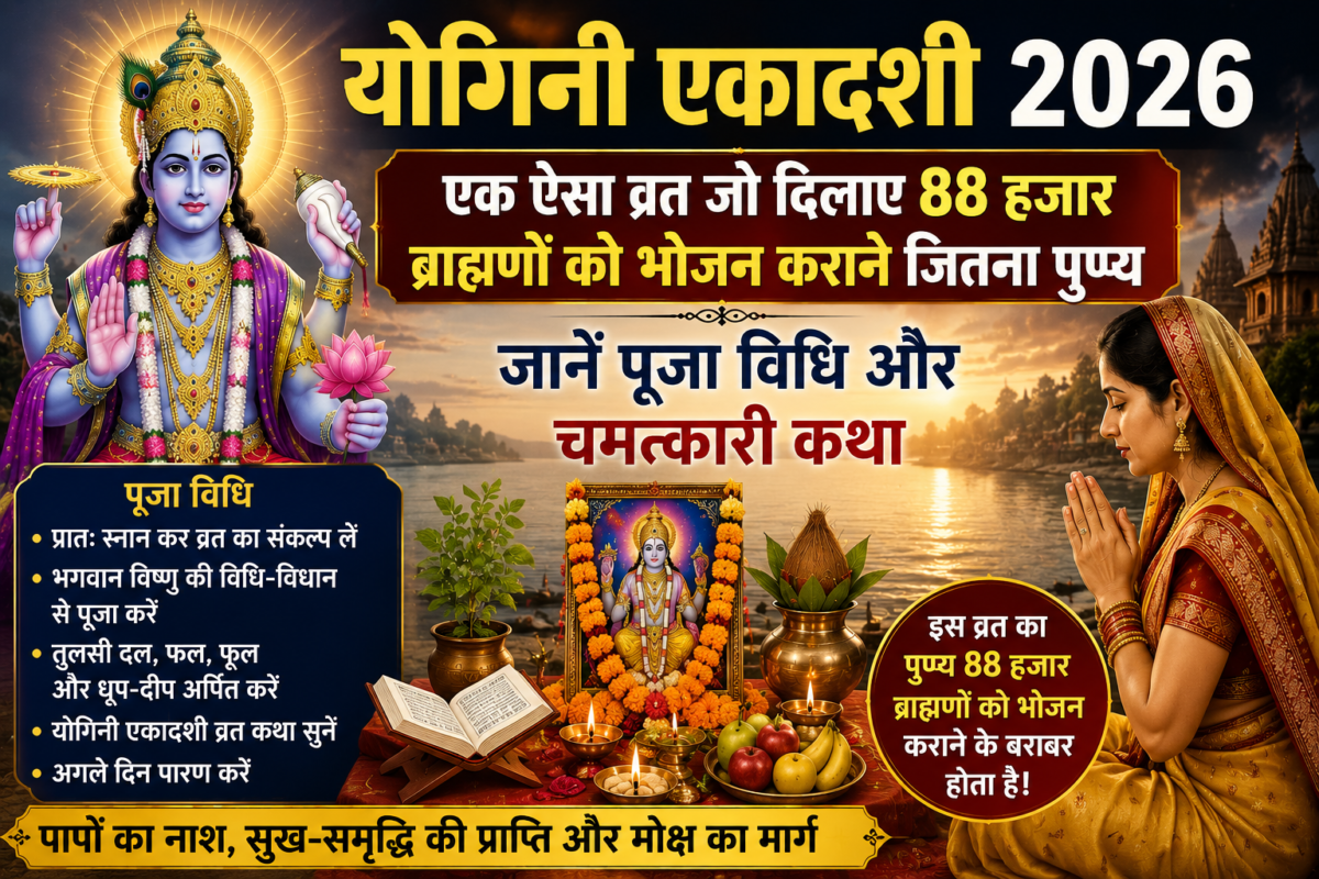 भगवान विष्णु की प्रतिमा के सामने दीपक, तुलसी दल, फल और पूजन सामग्री के साथ योगिनी एकादशी का व्रत करते श्रद्धालु