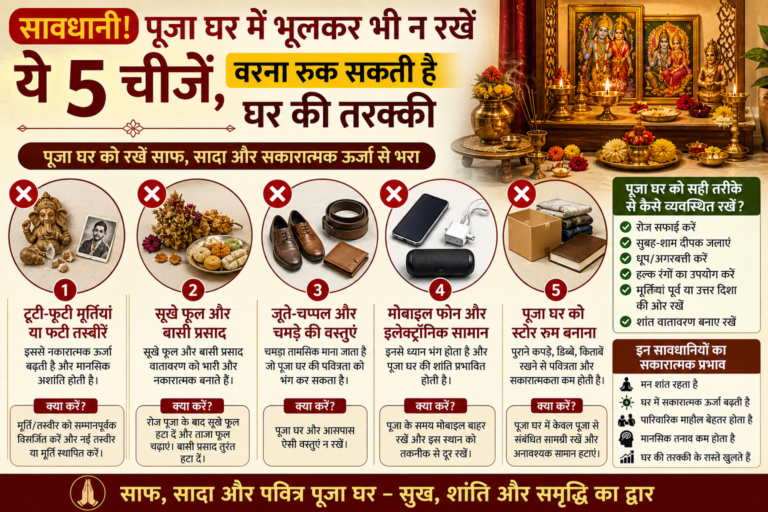 पूजा घर में न रखने योग्य पांच चीजें दिखाता हिंदी इन्फोग्राफिक—टूटी मूर्तियां, सूखे फूल-बासी प्रसाद, जूते-चप्पल/चमड़े की वस्तुएं, मोबाइल-इलेक्ट्रॉनिक सामान और पूजा घर में रखा अनावश्यक सामान; साथ में साफ-सफाई, दीपक, धूप और सही दिशा जैसे सुझाव।