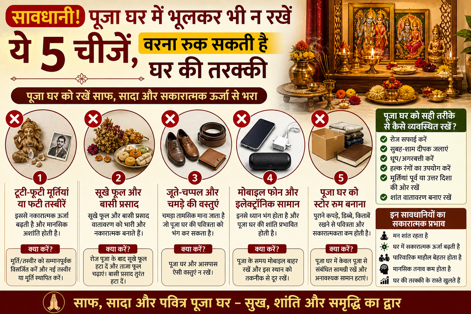 पूजा घर में न रखने योग्य पांच चीजें दिखाता हिंदी इन्फोग्राफिक—टूटी मूर्तियां, सूखे फूल-बासी प्रसाद, जूते-चप्पल/चमड़े की वस्तुएं, मोबाइल-इलेक्ट्रॉनिक सामान और पूजा घर में रखा अनावश्यक सामान; साथ में साफ-सफाई, दीपक, धूप और सही दिशा जैसे सुझाव।